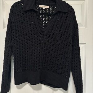 LOFT Black Open-Knit V-Neck Collared Sweater